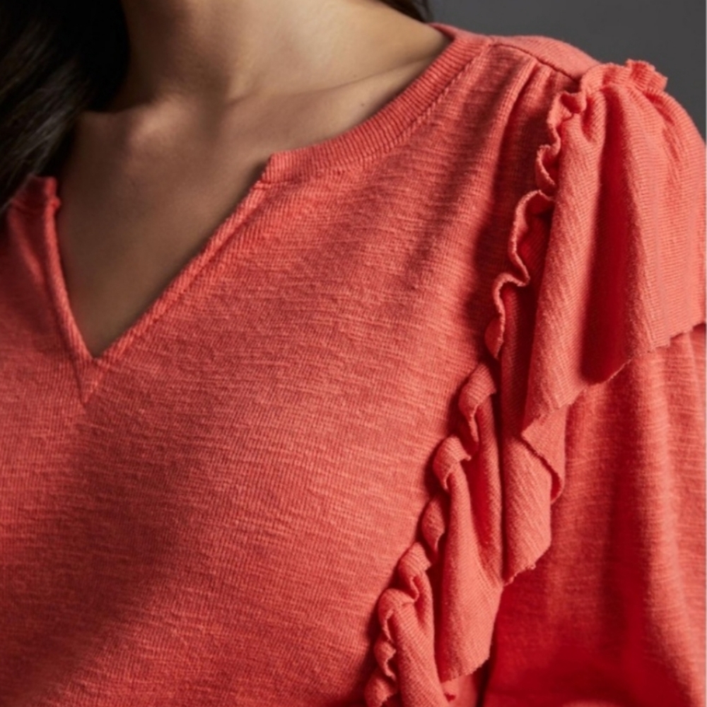 Pilcro Womens V Neck Orange Ruffle Longsleeve Sweater size Small - Picture 3 of 12